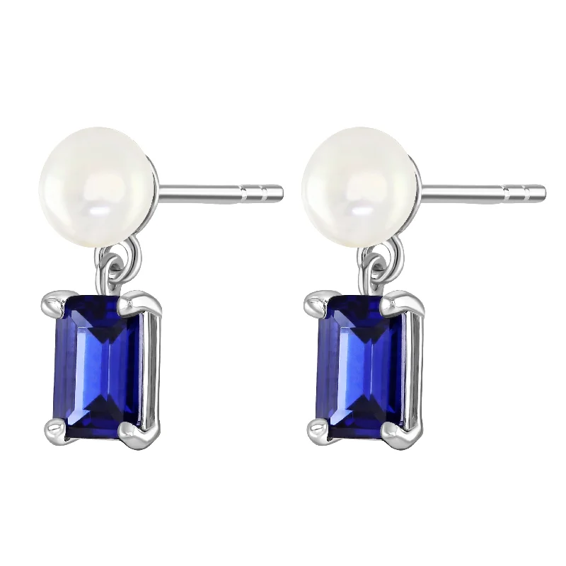 Bridal Pearl Earrings-Silver Pearl Dark Blue Tanzanite Cubic Zirconia Stud Drop Earrings