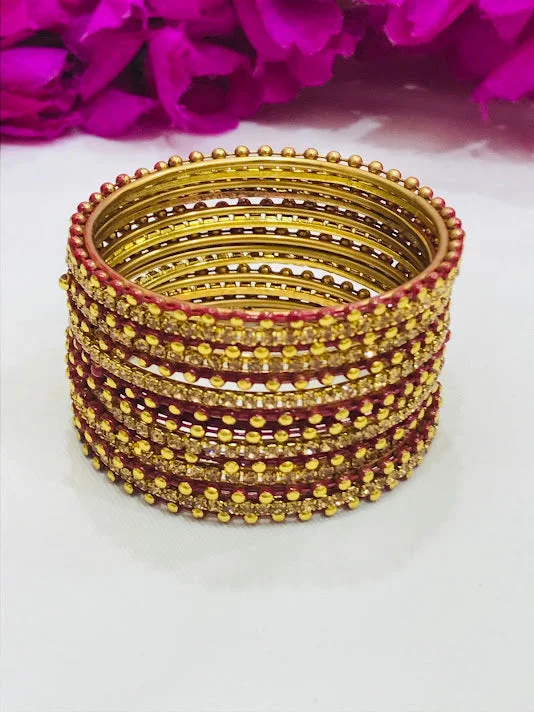 Classic Diamond Bangles-Traditional Maroon Colored Metal Bangles With Dot Design For Girls