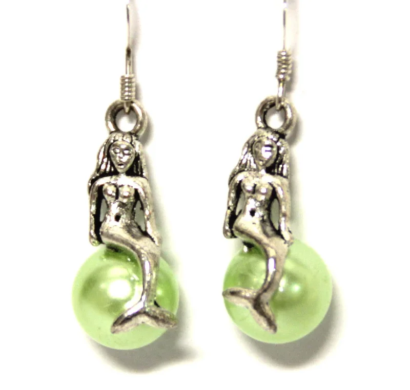 Classic Round Earrings-Mermaid on a Green Pearl Earrings