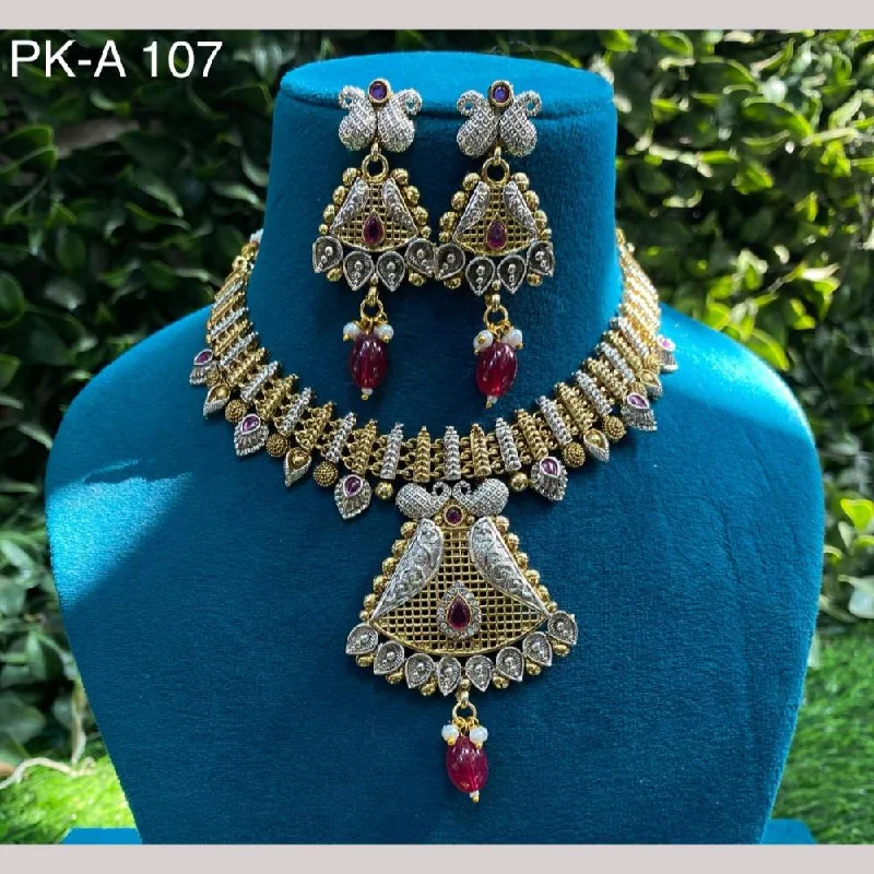 Modern Silver Necklace-Amoliya Jewels 2 Tone Plated Pota Stone And Pearls Choker Necklace Set