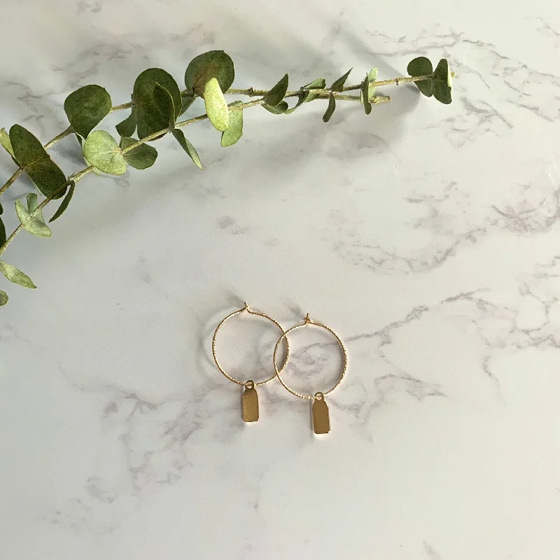 Gold Pearl Earrings-Gold Tag Hoops