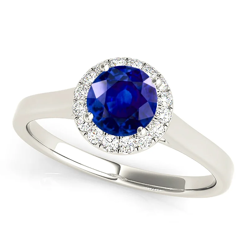 Trendy Silver Ring-1.35 ct. Genuine Blue Sapphire Halo Solitaire Ring