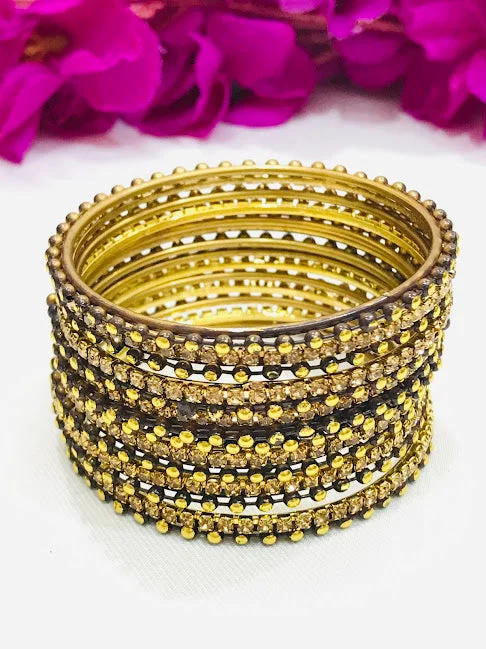 Personalized Charm Bangles Set-Gorgeous Black Colored Golden Stone And Dot Designed Bangles For Girls