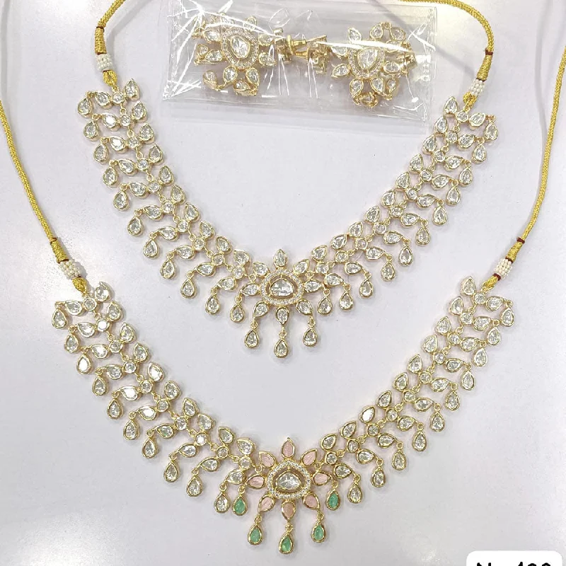 Vintage Pearl and Gold Necklace-JCM Gold Plated Polki Kundan Stone Necklace Set