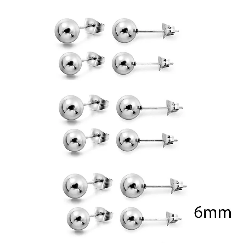 High-End Diamond Earrings-SEXY SPARKLES Jewelry Stainless Steel Mens Womens Ball Stud Earrings 6 Pairs 6MM