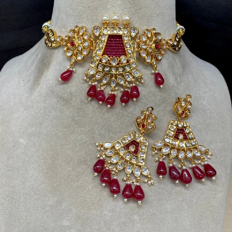 Unique Gemstone Necklace-Amoliya Jewels Gold Plated Polki Kundan Stone And Beads Choker Necklace Set