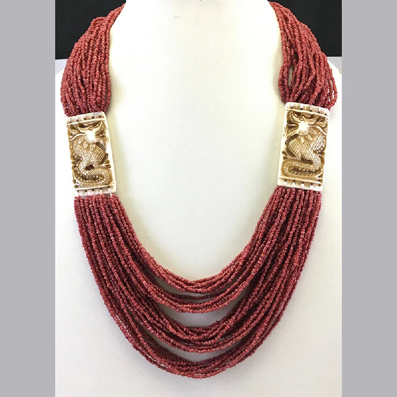 Dainty Chain Necklace-Multi Layered Red Seed Bead With Bone Pendant Necklace