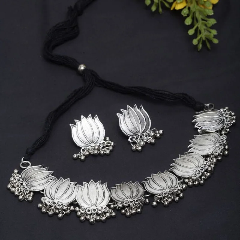 Silver Pendant Necklace-Bevy Pearls Oxidised Plated Choker Necklace Set