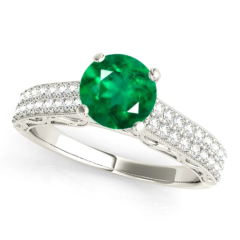 Luxury Diamond Band-1.15 ct. Genuine Solitaire Emerald Ring With Double Row Diamond Band