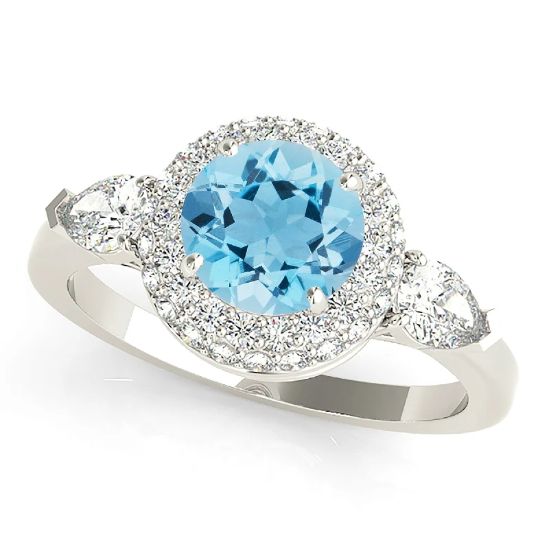 Gold and Silver Ring-1.10 ct. Genuine Aquamarine Ring With Double Edge Halo And Side Accent Diamonds