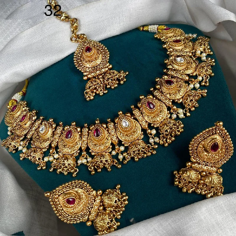 Unique Designer Necklace-Royal Kundan Jewellery Gold Plated Pota Stone And Pearls Necklace Set