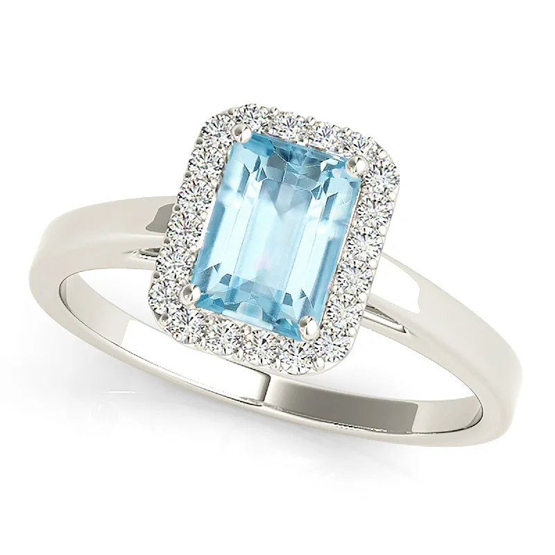 Simple Stacking Ring-1.00 ct. Genuine Emerald Cut Aquamarine Ring With Halo