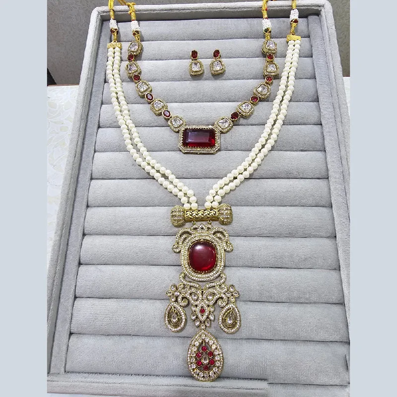 Statement Necklaces for Parties-JCM Gold Plated Polki Kundan Stone Double Necklace Set