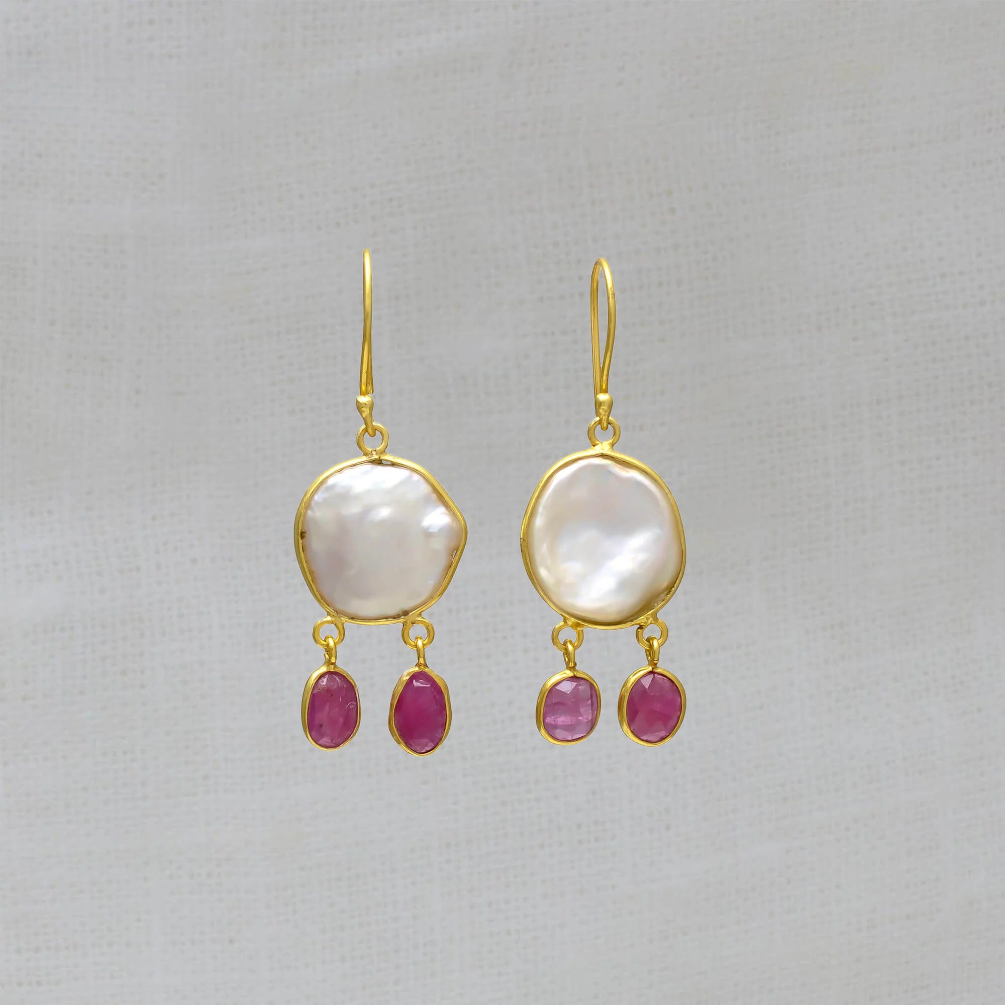 Elegant Drop Earrings-Biwa Pearl and Ruby Drop Earrings