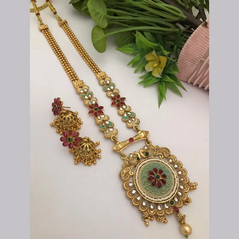 Personalized Pendant Necklace-FS Collection Gold Plated Kundan Stone Long Necklace Set