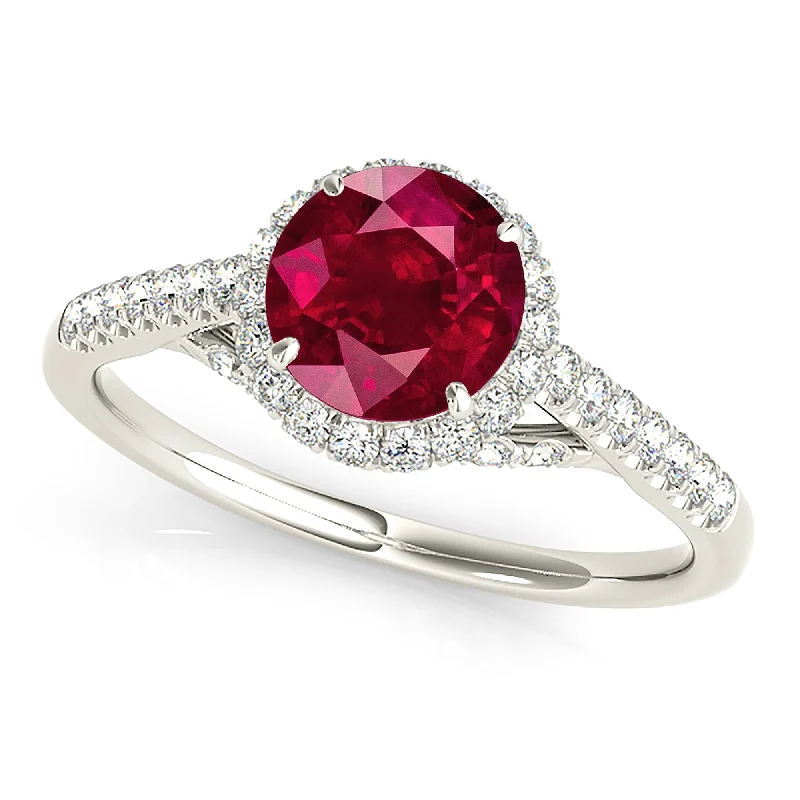 Classic Gold Ring with Diamonds-1.35 ct. Genuine Ruby Ring With Double Halo And Dainty diamond Band