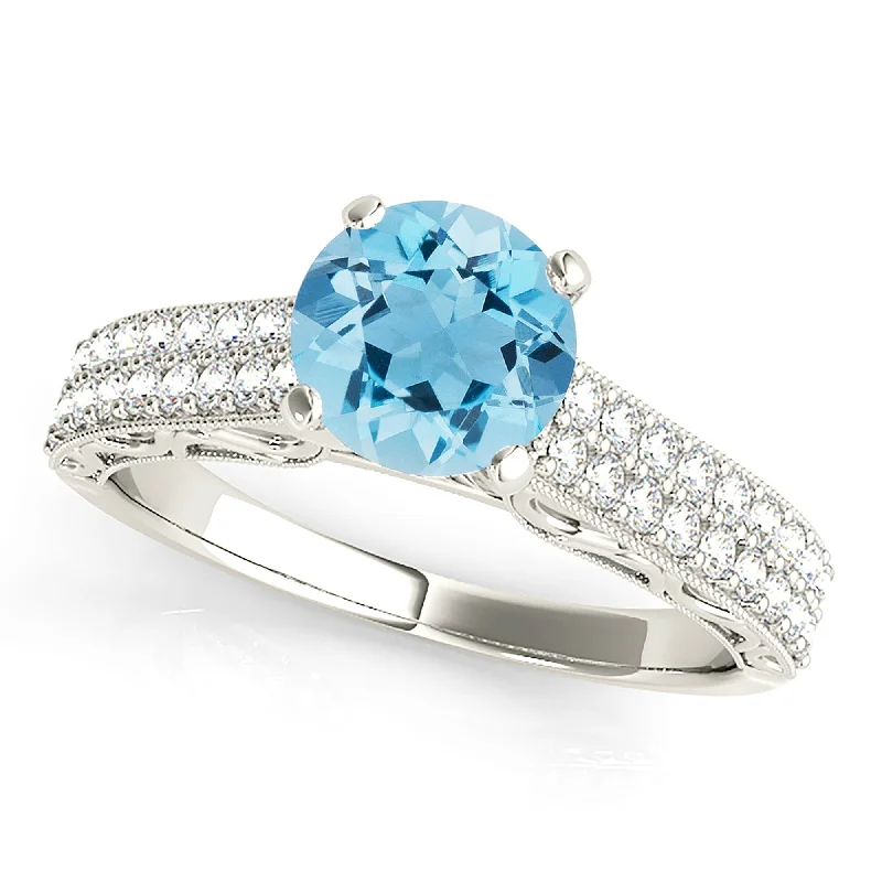 Custom Silver Engagement Ring-1.10 ct. Genuine Aquamarine Ring with 0.35 ctw. Double Row Diamond Band