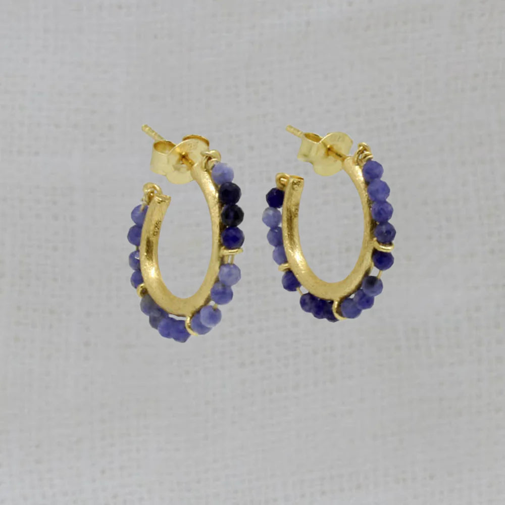 Bohemian Drop Earrings-18ct Gold Vermeil Sodalite Beaded Stud Hoop Earrings