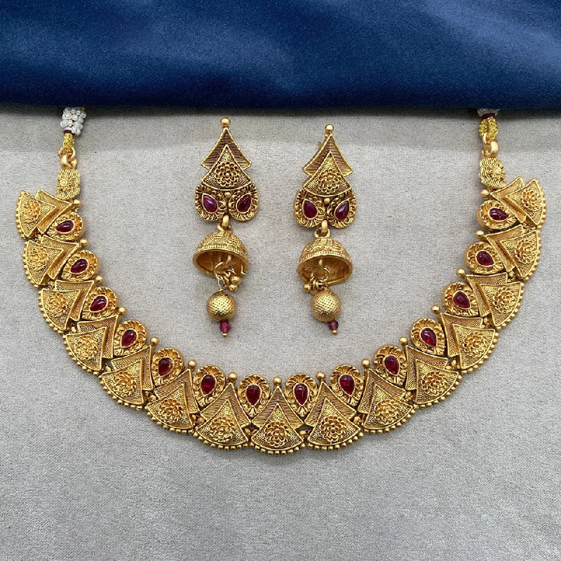 Custom Crystal Necklace-Royal Kundan Jewellery Gold Plated Pota Stone Necklace Set