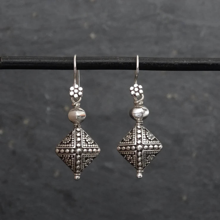 Gold Diamond Stud Earrings-Sterling Silver Geometric Granulation Drop Earrings