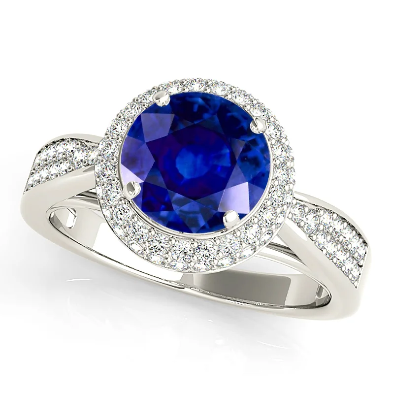 Large Statement Gold Ring-2.40 ct. Genuine Blue Sapphire Halo Ring With Pave Set Side Diamonds