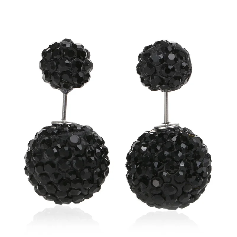 Elegant Drop Earrings-SEXY SPARKLES Clay Earrings Double Sided Ear Studs Round Black Rhinestone W/ Stoppers