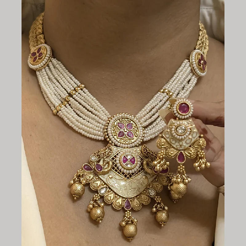 Long Dangle Necklace-FS Collection Gold Plated Pota Stone And Pearls Meenakari Necklace Set