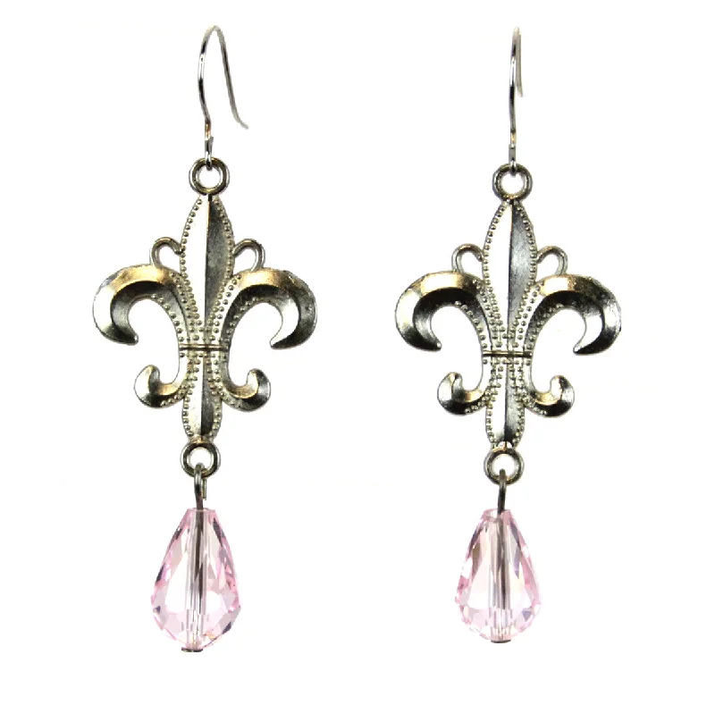 Gold Hoop Earrings-Fleur De Lis Drop Earrings, pink