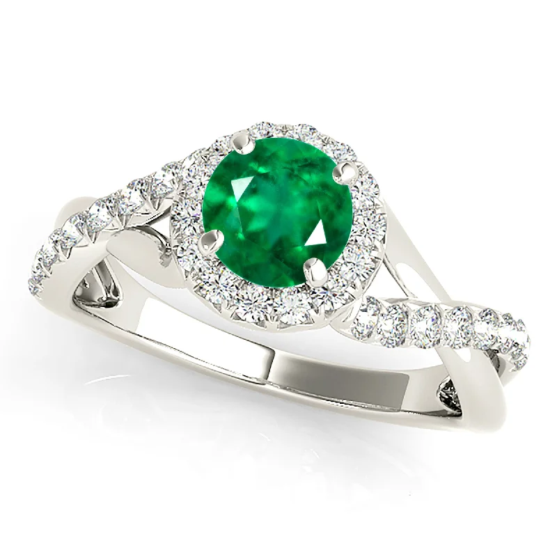 Elegant Gemstone Ring-1.00 ct. Genuine Emerald Ring with Halo And Open Braid Diamond Band