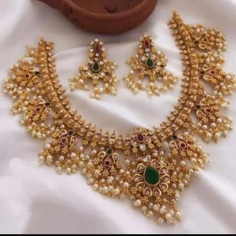 Classic Pendant Necklace-Manisha Jewellery Gold Plated Pota Stone And Pearls Necklace Set