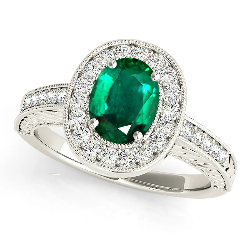 Custom Birthstone Ring-2.00 ct. Genuine Oval Emerald Ring With Halo,Milgrain And Filigree Diamond Band