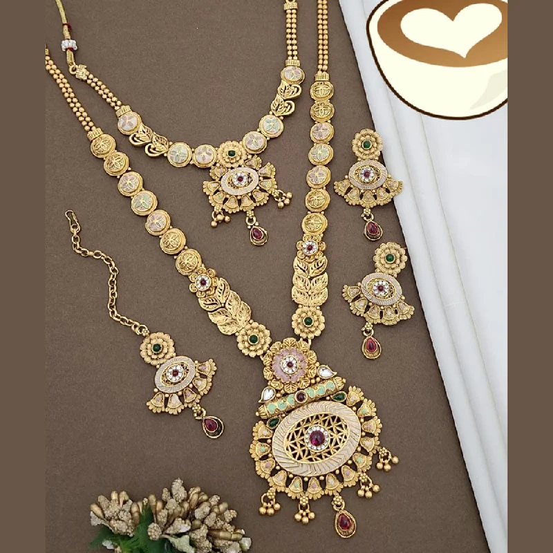 Beaded Charm Necklace-FS Collection Gold Plated Pota Stone And Meenakari Double Necklace Set