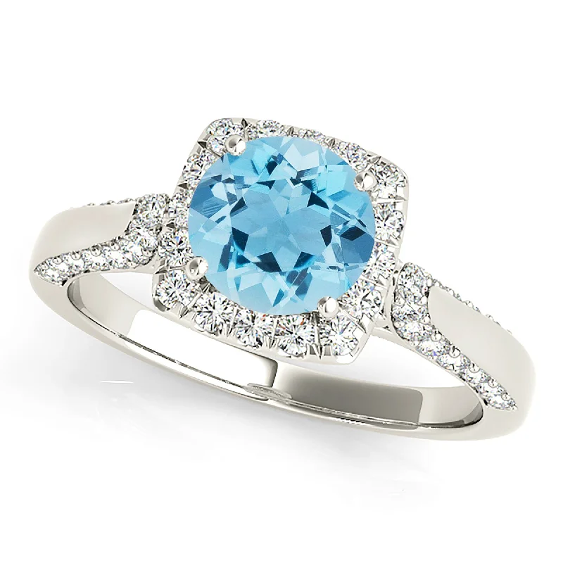 Retro Gemstone Ring-1.75 ct. Genuine Aquamarine Ring with Cushion Halo And Modern Diamond Band