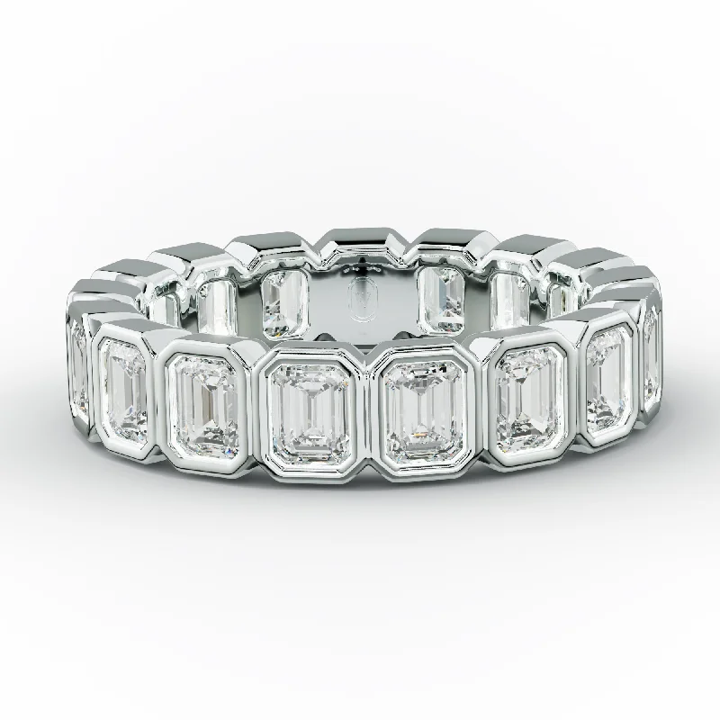 Unique Silver Wedding Ring-3.0 Carat Bezel Set Emerald Cut Diamond Eternity Band