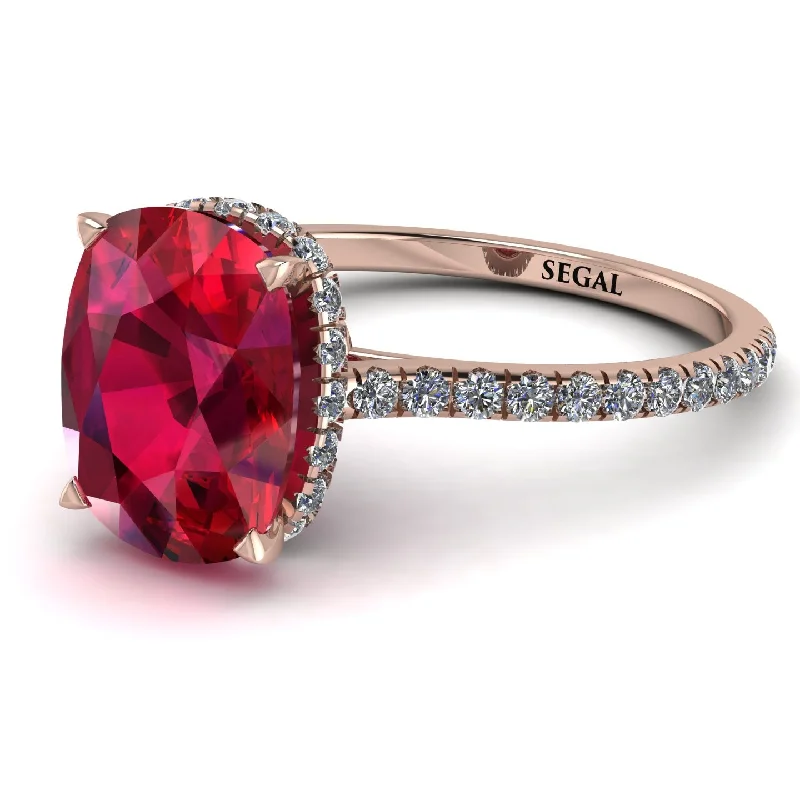 Stylish Diamond Ring-Hidden Halo Cushion Ruby Ring - Alayna No. 11