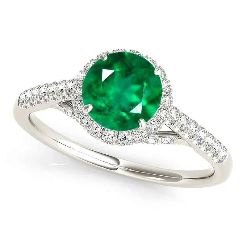 Fashion Diamond Ring-1.15 ct. Genuine Emerald Ring With Halo And Fancy Diamond Band