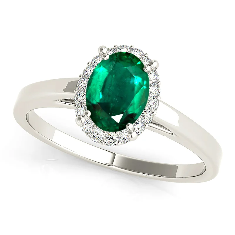 Large Statement Ring-1.30 ct. Genuine Oval Emerald Ring With Halo,Plain Solitaire Band