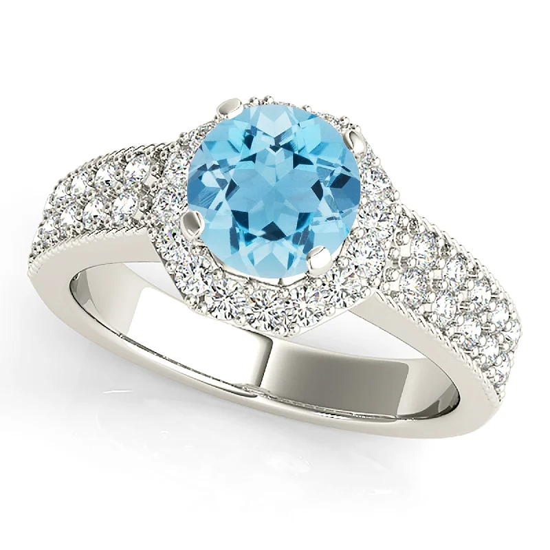 Rose Gold Engagement Ring-1.10 ct. Genuine Aquamarine Ring With Halo and Double Row Diamond Band