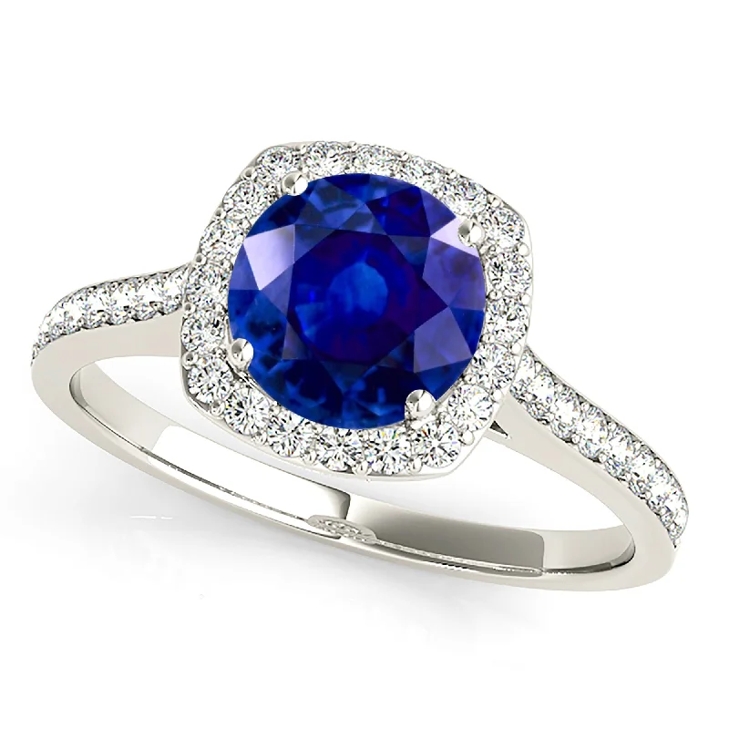 Simple Promise Ring-1.45 ct. Genuine Blue Sapphire Halo Ring with Side Diamonds