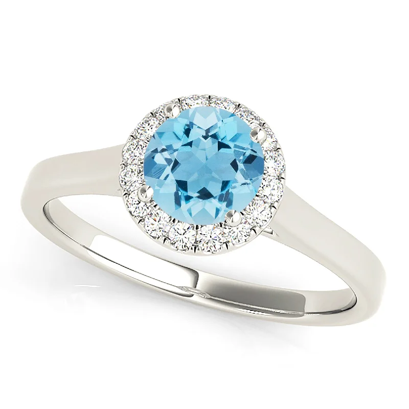 Unique Gold Engagement Ring-1.10 ct. Genuine Aquamarine Ring With Halo and Flat Solid Gold Band