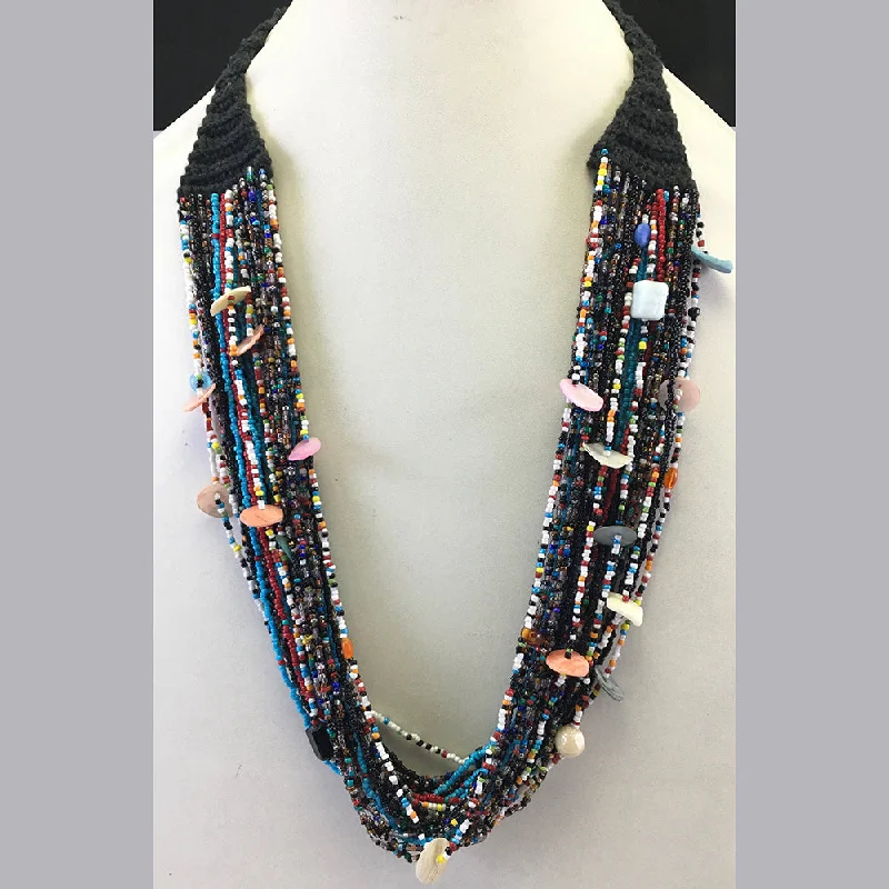 Multi-Colored Stone Necklace-Multi Layered Seed/Glass Bead With Black Thread & Shell Necklace