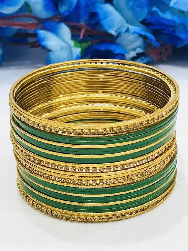 Double Bangle Set-Appealing Green Color Party Wear Stone Design Metal Bangles For Women