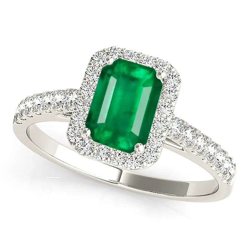 Statement Gemstone Ring-1.00 ct. Genuine Emerald Ring With Halo and Diamond Delicate Shank