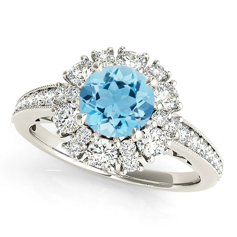 Round Diamond Ring-1.75 ct. Genuine Aquamarine Ring With Fancy Halo And delicate Diamond Band