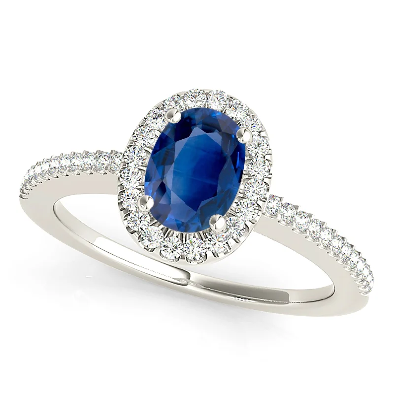 Gemstone Wedding Ring-1.00 ct. Genuine Blue Oval Sapphire Ring Halo Style, Thin Diamond Band