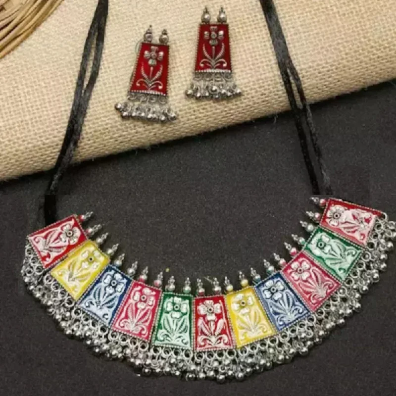 Heart Shaped Necklace-Bevy Pearls Oxidised Plated Choker Meenakari Necklace Set