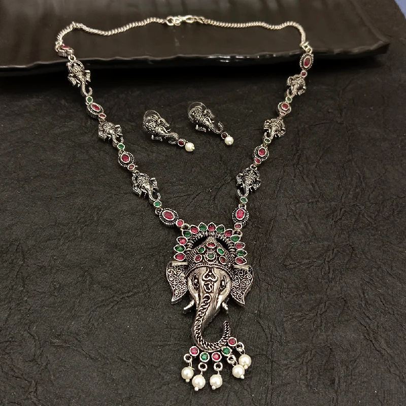 Simple Diamond Necklace-Deep Jewell Oxidised Plated Ganesha Pearl Necklace Set