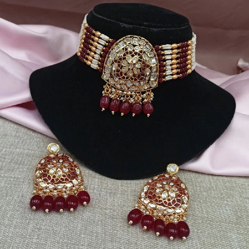 Simple Chain Necklace-Amoliya Jewels Gold Plated Polki Kundan Stone And Beads Choker Necklace Set