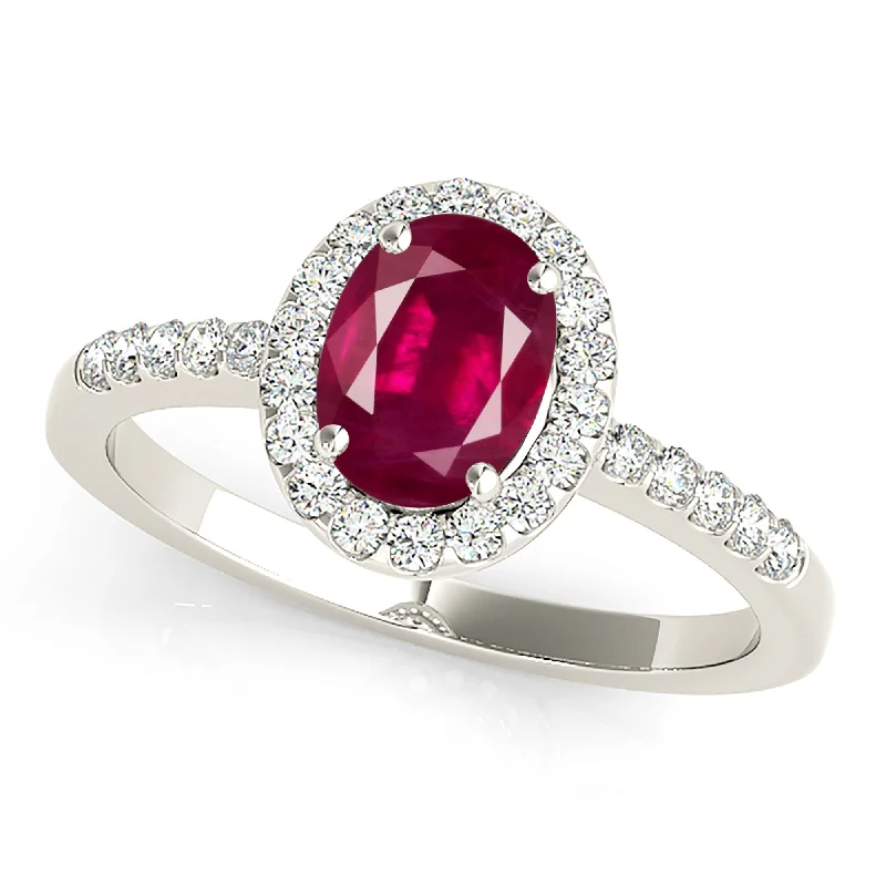 Elegant Wedding Band-1.55 ct. Genuine Oval Ruby Ring With Halo And Delicate Diamond band