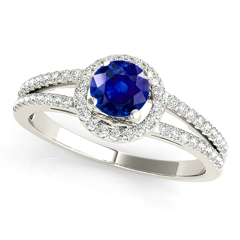 Diamond Solitaire Ring-1.20 ct. Genuine Blue Sapphire Split Shank Halo Ring